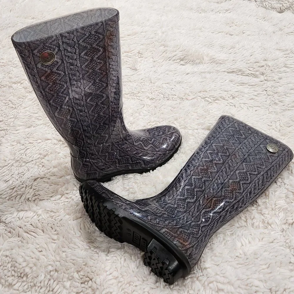 UGG Shaye Cable Knit Women Tall Grey Orange Tie Dye Rain Boots Size 5